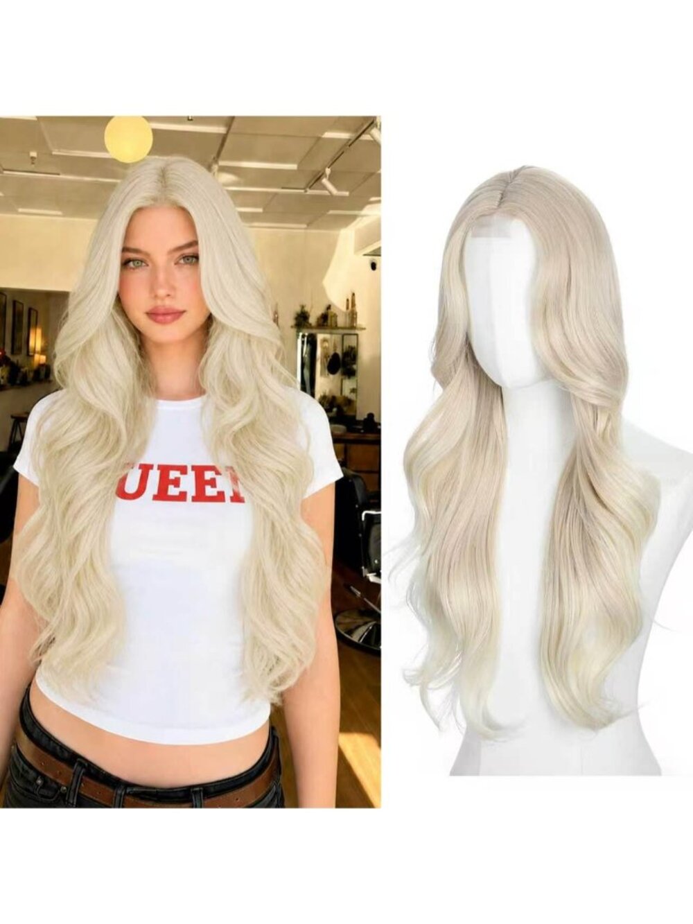 Women's Blonde 26 Inch Middle Part Wavy Heat Resistant Synthetic Fiber Wigs